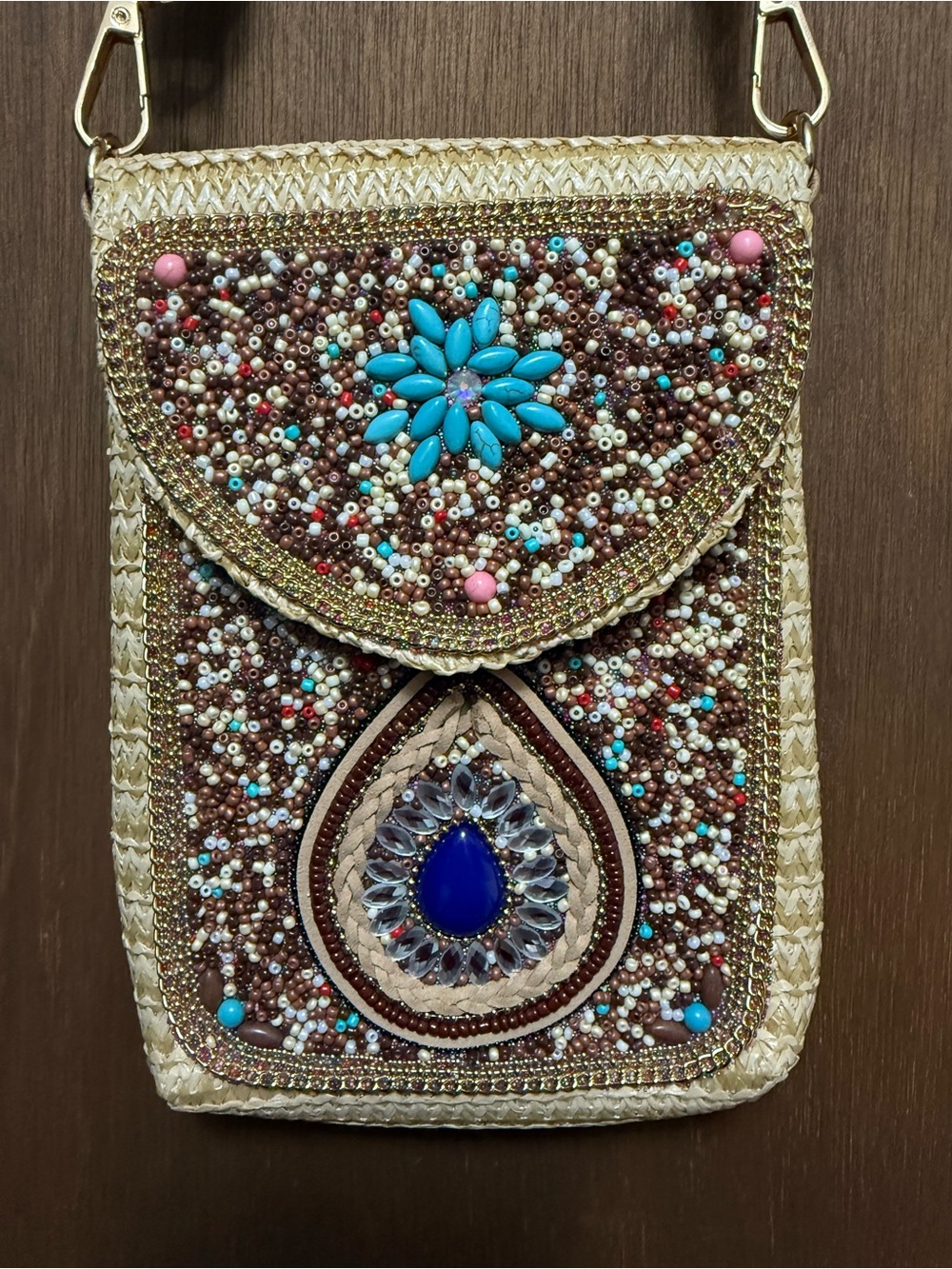 Woven Beaded Straw Crossbody Bag with Turquoise and Royal Blue Accents